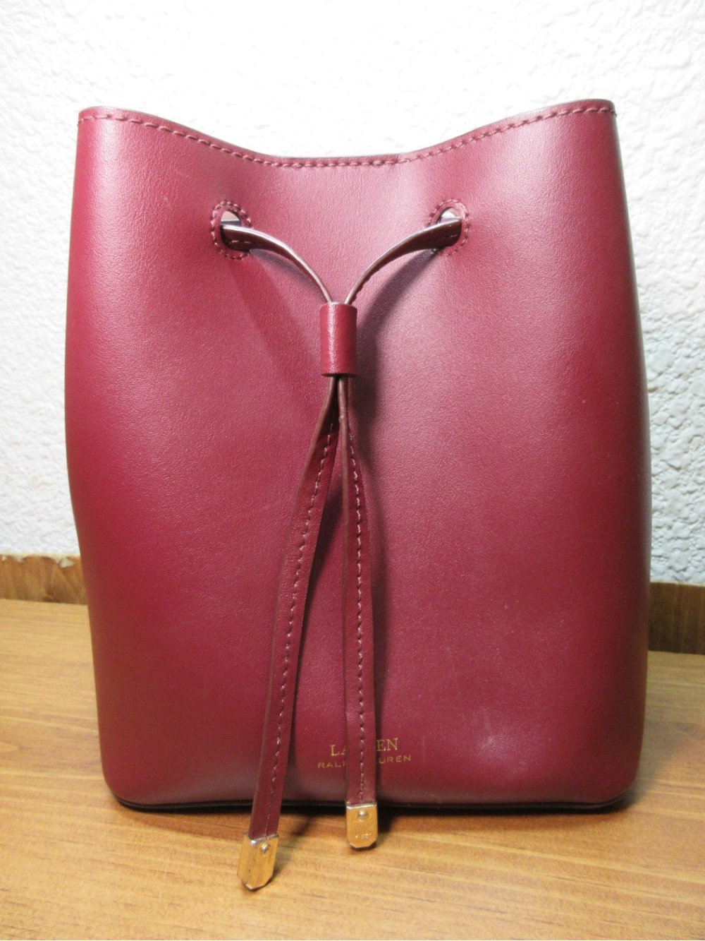 Lauren Ralph Lauren Wine Red Leather Drawstring Bucket Bag